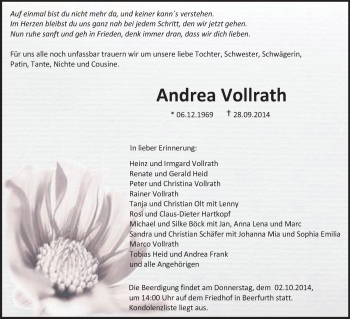 Traueranzeige von Andrea Vollrath von Echo-Zeitungen (Gesamtausgabe)