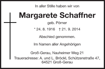 Traueranzeige von Margarete Schaffner von Rüsselsheimer Echo, Groß-Gerauer-Echo, Ried Echo