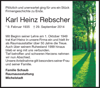Traueranzeige von Karl Heinz Rebscher von Odenwälder Echo