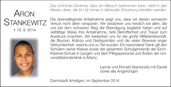 Traueranzeige von Aron Stankewitz von Echo-Zeitungen (Gesamtausgabe)