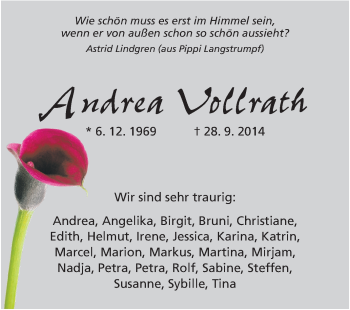 Traueranzeige von Andrea Vollrath von Echo-Zeitungen (Gesamtausgabe)
