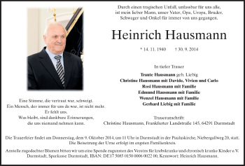 Traueranzeige von Heinrich Heini Hausmann von Echo-Zeitungen (Gesamtausgabe)