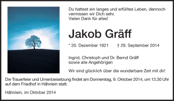 Traueranzeige von Jakob Gräff von Echo-Zeitungen (Gesamtausgabe)