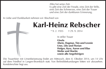 Traueranzeige von Karl-Heinz Rebscher von Odenwälder Echo