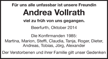 Traueranzeige von Andrea Vollrath von Odenwälder Echo
