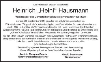 Traueranzeige von Heinrich Heini Hausmann von Echo-Zeitungen (Gesamtausgabe)