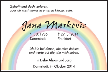 Traueranzeige von Jana Markovic von Echo-Zeitungen (Gesamtausgabe)