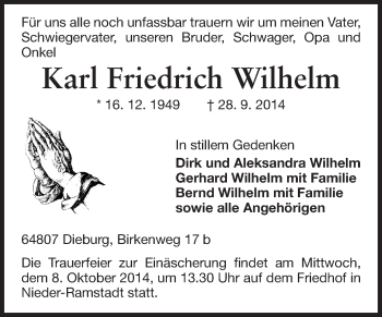 Traueranzeige von Karl Friedrich Wilhelm von Echo-Zeitungen (Gesamtausgabe)