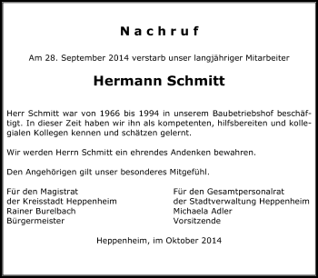 Traueranzeige von Hermann Schmitt von Starkenburger Echo