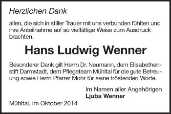 Traueranzeige von Hans Ludwig Wenner von Echo-Zeitungen (Gesamtausgabe)