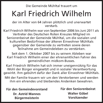 Traueranzeige von Karl Friedrich Wilhelm von Echo-Zeitungen (Gesamtausgabe)