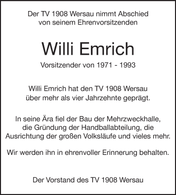 Traueranzeige von Willi Emrich von Odenwälder Echo