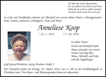 Traueranzeige von Anneliese Koop von Rüsselsheimer Echo, Groß-Gerauer-Echo, Ried Echo