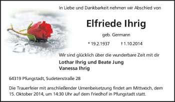 Traueranzeige von Elfriede Ihrig von Echo-Zeitungen (Gesamtausgabe)