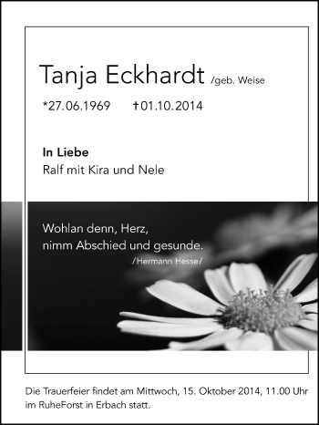 Traueranzeige von Tanja Eckhardt von Echo-Zeitungen (Gesamtausgabe)