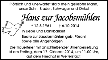 Traueranzeige von Hans zur Jacobsmühlen von Echo-Zeitungen (Gesamtausgabe)