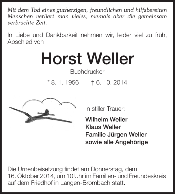 Traueranzeige von Horst Weller von Odenwälder Echo