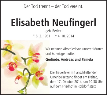 Traueranzeige von Elisabeth Neufingerl von Echo-Zeitungen (Gesamtausgabe)