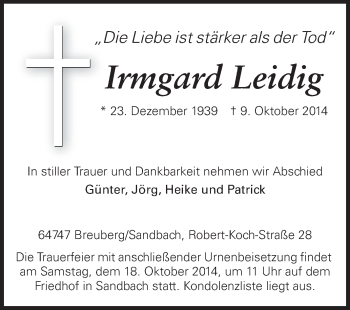 Traueranzeige von Irmgard Leidig von Odenwälder Echo