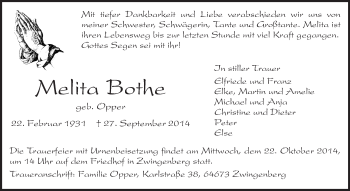 Traueranzeige von Melita Bothe von Echo-Zeitungen (Gesamtausgabe)
