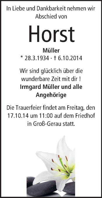 Traueranzeige von Horst Müller von Rüsselsheimer Echo, Groß-Gerauer-Echo, Ried Echo