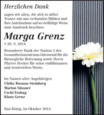 Traueranzeige von Marga Grenz von Odenwälder Echo