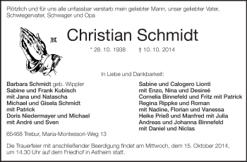 Traueranzeige von Christian Schmidt von Rüsselsheimer Echo, Groß-Gerauer-Echo, Ried Echo