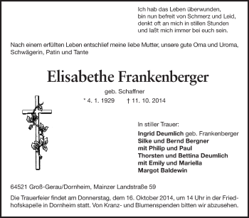Traueranzeige von Elisabethe Frankenberger von Rüsselsheimer Echo, Groß-Gerauer-Echo, Ried Echo
