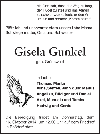 Traueranzeige von Gisela Gunkel von Echo-Zeitungen (Gesamtausgabe)