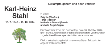 Traueranzeige von Karl-Heinz Stahl von Odenwälder Echo