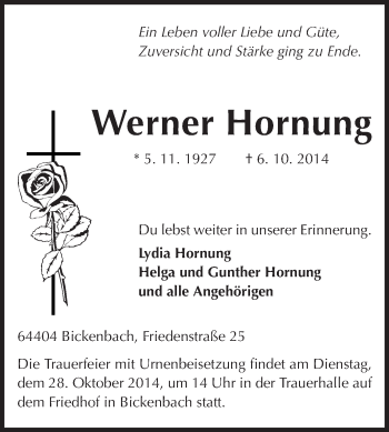Traueranzeige von Werner Hornung von Echo-Zeitungen (Gesamtausgabe)