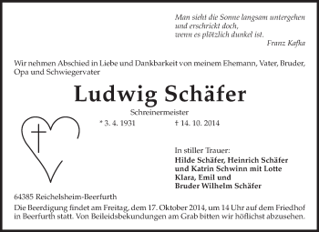 Traueranzeige von Ludwig Schäfer von Odenwälder Echo