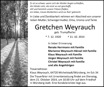 Traueranzeige von Gretchen Weyrauch von Odenwälder Echo