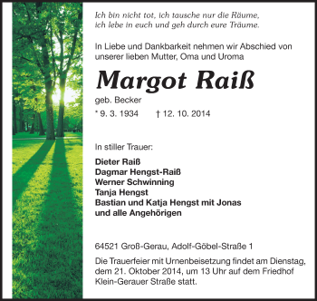 Traueranzeige von Margot Raiß von Rüsselsheimer Echo, Groß-Gerauer-Echo, Ried Echo