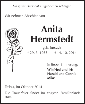 Traueranzeige von Anita Hermstedt von Rüsselsheimer Echo, Groß-Gerauer-Echo, Ried Echo