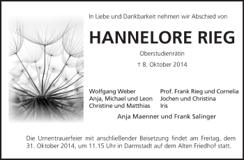 Traueranzeige von Hannelore Rieg von Echo-Zeitungen (Gesamtausgabe)