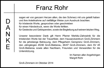 Traueranzeige von Franz Rohr von Echo-Zeitungen (Gesamtausgabe)