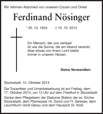 Traueranzeige von Ferdinand Nösinger von Rüsselsheimer Echo, Groß-Gerauer-Echo, Ried Echo