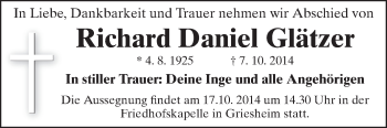 Traueranzeige von Richard Daniel Glätzer von Echo-Zeitungen (Gesamtausgabe)