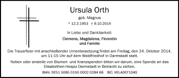 Traueranzeige von Ursula Orth von Echo-Zeitungen (Gesamtausgabe)