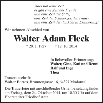 Traueranzeige von Walter Adam Fleck von Echo-Zeitungen (Gesamtausgabe)