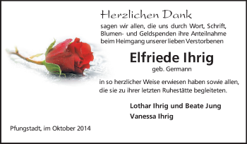 Traueranzeige von Elfriede Ihrig von Echo-Zeitungen (Gesamtausgabe)