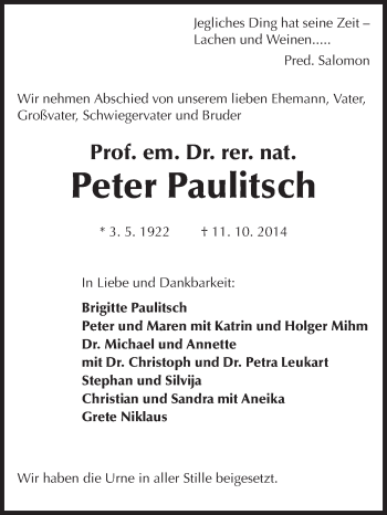Traueranzeige von Peter Paulitsch von Echo-Zeitungen (Gesamtausgabe)