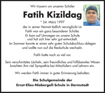 Traueranzeige von Fatih Kizildag von Echo-Zeitungen (Gesamtausgabe)