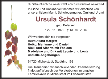 Traueranzeige von Ursula Schönhardt von Odenwälder Echo