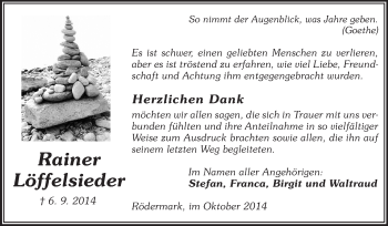 Traueranzeige von Rainer Löffelsieder von Darmstädter Echo, Odenwälder Echo, Rüsselsheimer Echo, Groß-Gerauer-Echo, Ried Echo