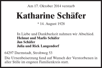 Traueranzeige von Katharine Schäfer von Echo-Zeitungen (Gesamtausgabe)