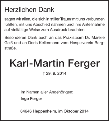 Traueranzeige von Karl-Martin Ferger von Starkenburger Echo