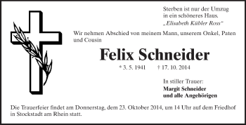 Traueranzeige von Felix Schneider von Rüsselsheimer Echo, Groß-Gerauer-Echo, Ried Echo