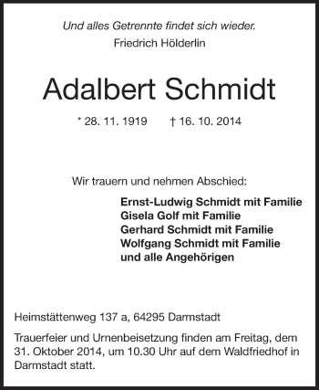 Traueranzeige von Adalbert Schmidt von Echo-Zeitungen (Gesamtausgabe)